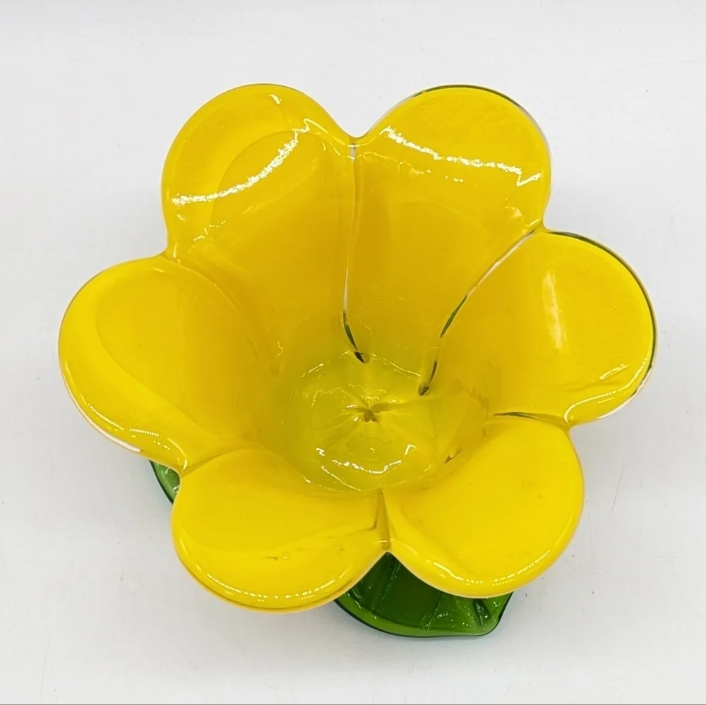 Handblown Yellow Green Floral Glass Tea Light Candle Holder